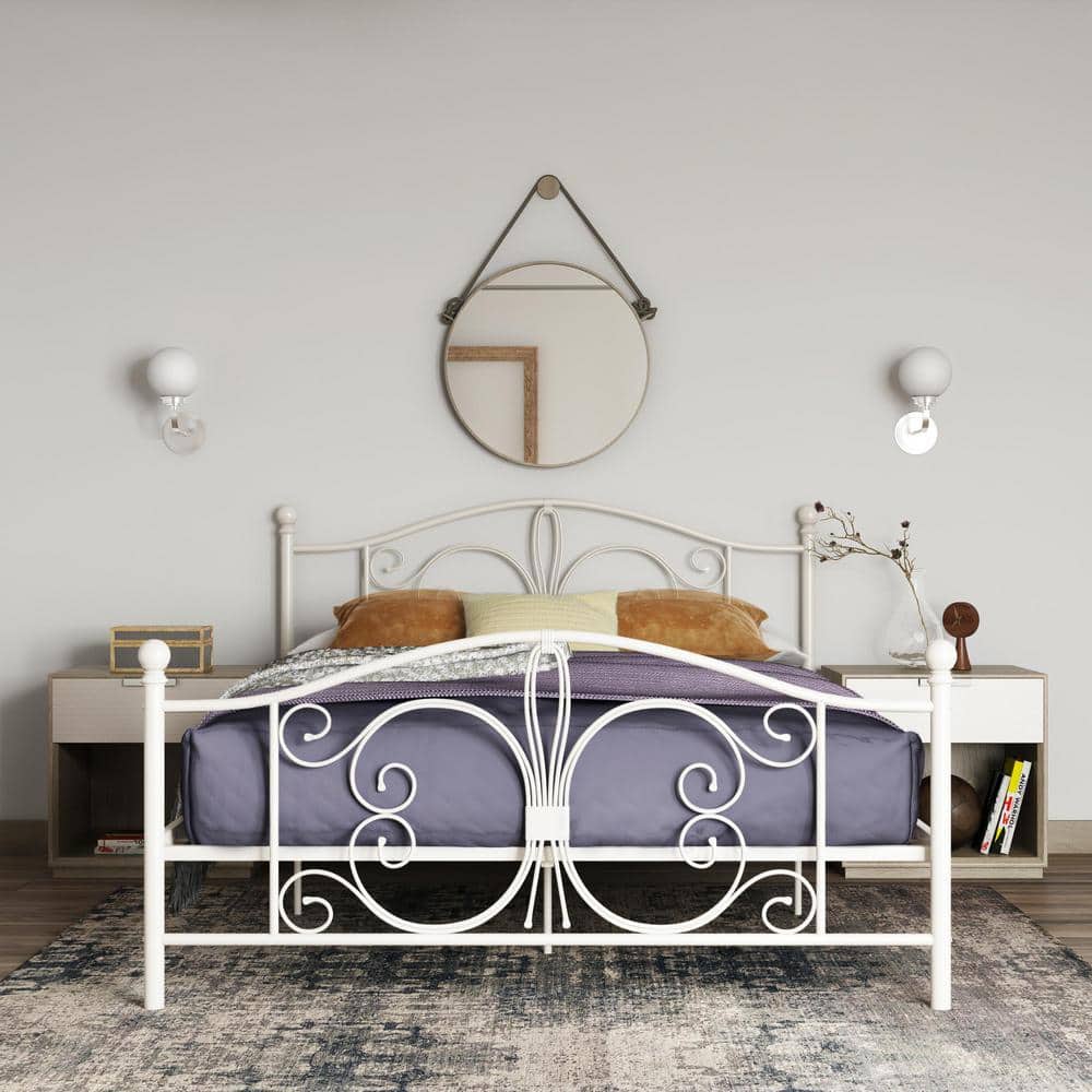 White Metal Full Bed with Scrollwork Headboard