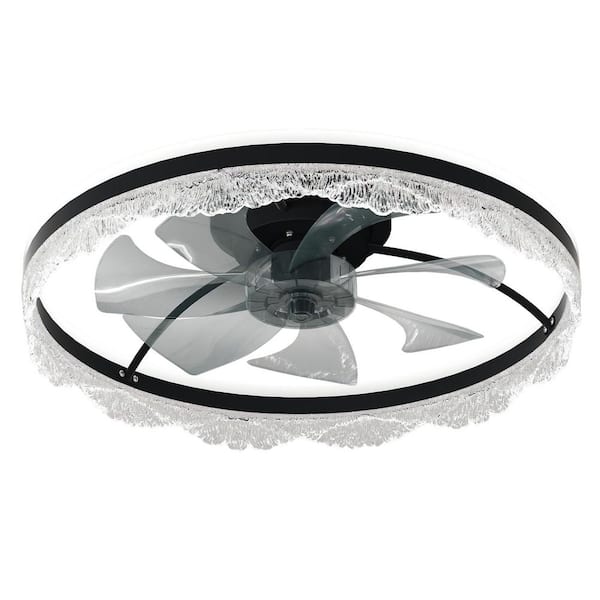 Logmey 24 in. Indoor Ceiling Fan Flush Mount Reversible Fan with Ice-like Ring Lampshade, APP control and Gray Blade