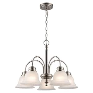 5-Light Brushed Nickel Down-Light Chandelier Light Fixture with Frosted Glass Bell Shaped Shades