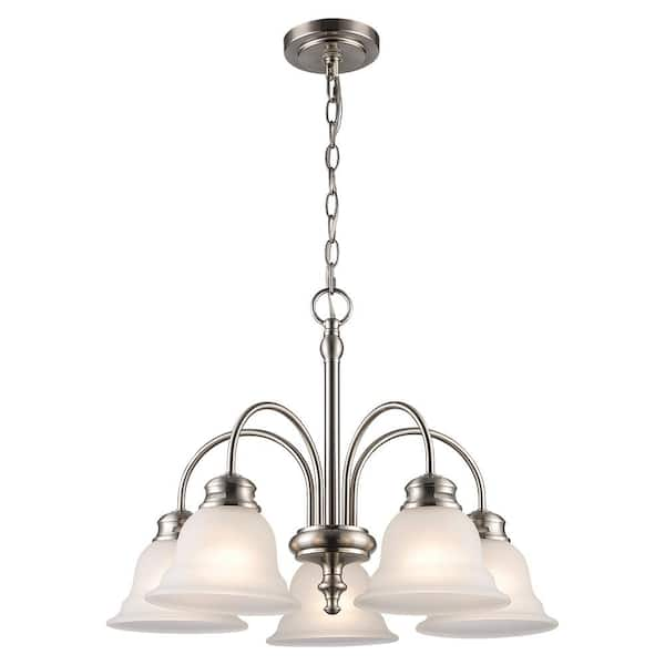 5-Light Brushed Nickel Down-Light Chandelier Light Fixture with Frosted Glass Bell Shaped Shades