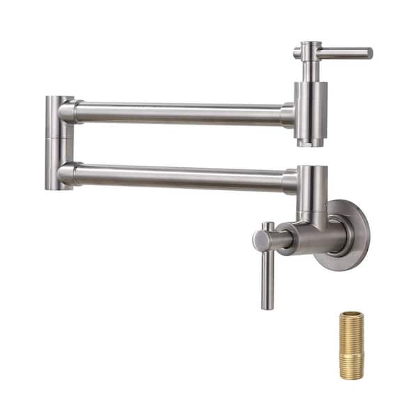 Wall Mounted Pot Filler Kitchen Faucet with Double Handles and 360° Spout Swivel in Brushed Nickel