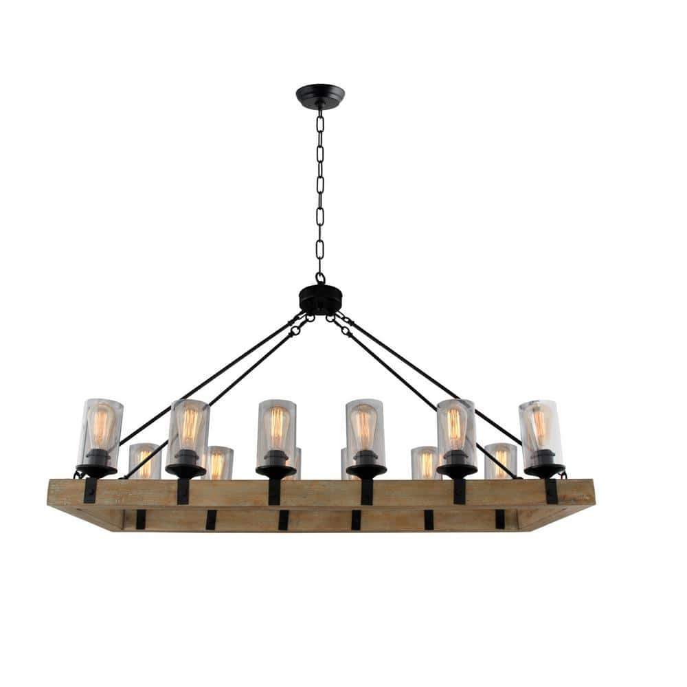 12-Light Black and Natural Wood Candlestick Chandelier with Clear Glass Sha