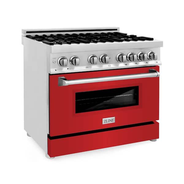 ZLINE Kitchen and Bath 36 in. 6 Burner Dual Fuel Range with Red Matte Door in Stainless Steel