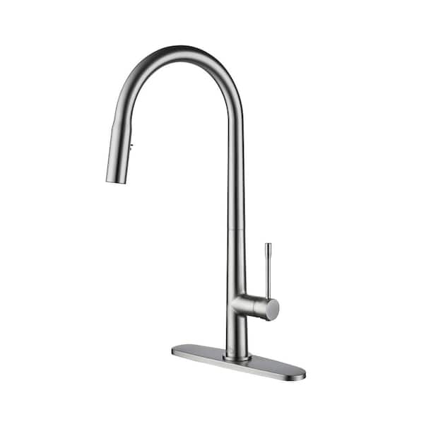 Boyel Living 2-Spray Patterns Single Handle Pull Down Sprayer Kitchen Faucet with Deckplate and Water Supply Hoses in Brushed Nickel