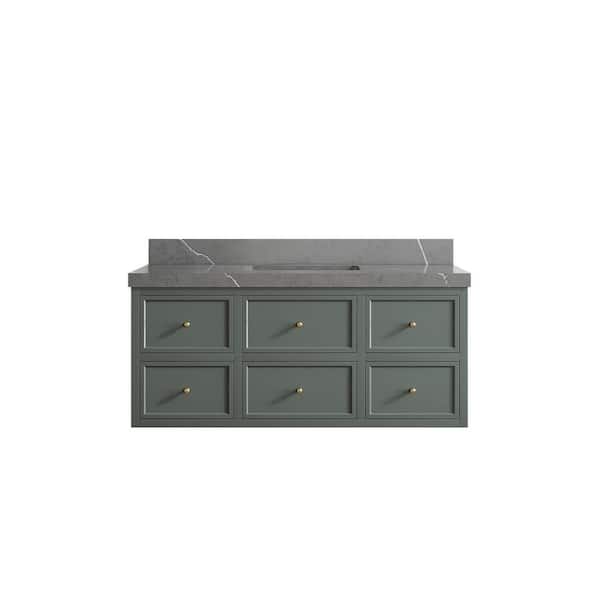 Willow Collections Roswell Floating 48 in. Single Sink Freestanding Pewter Green Bath Vanity with Piatra Gray Qt. Top Unassembled