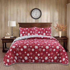 Snowflakes 2-Piece Grey/Red Microfiber Twin Quilt Set