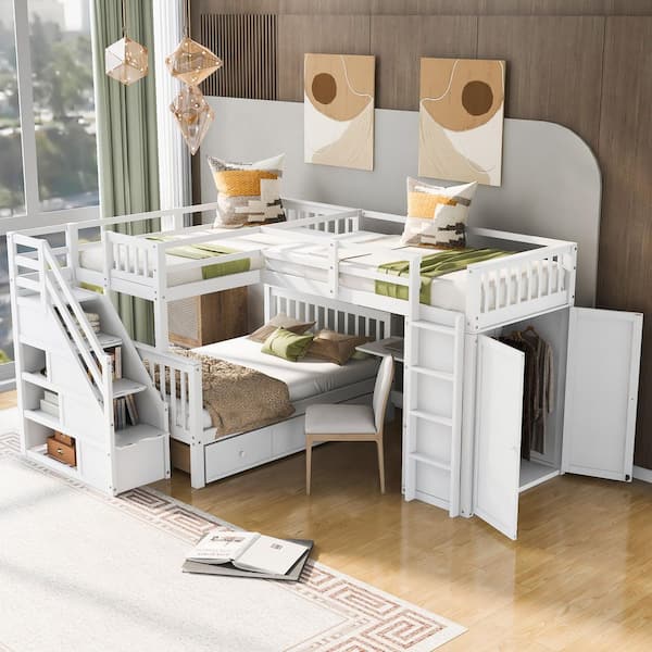 White Twin-Twin Over Full L-Shaped Bunk Bed with 3-Drawers, Portable Desk and Wardrobe