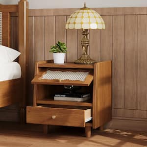 Walnut Exquisite Elegance 1-Drawer Wood Nightstand with Rattan-Woven Flip-Top Storage Cabinet