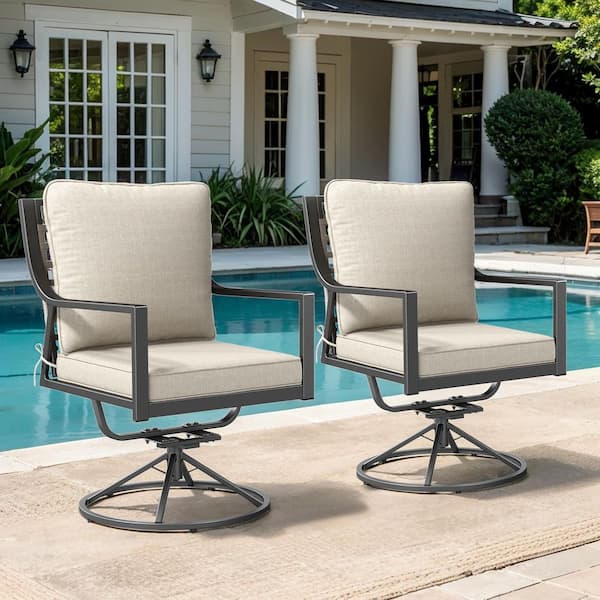 Komodo Swivel and Rocking Black Metal Frame and Gray Wicker Outdoor Lounge Chairs with Olefin Beige Cushions (2-Pack)