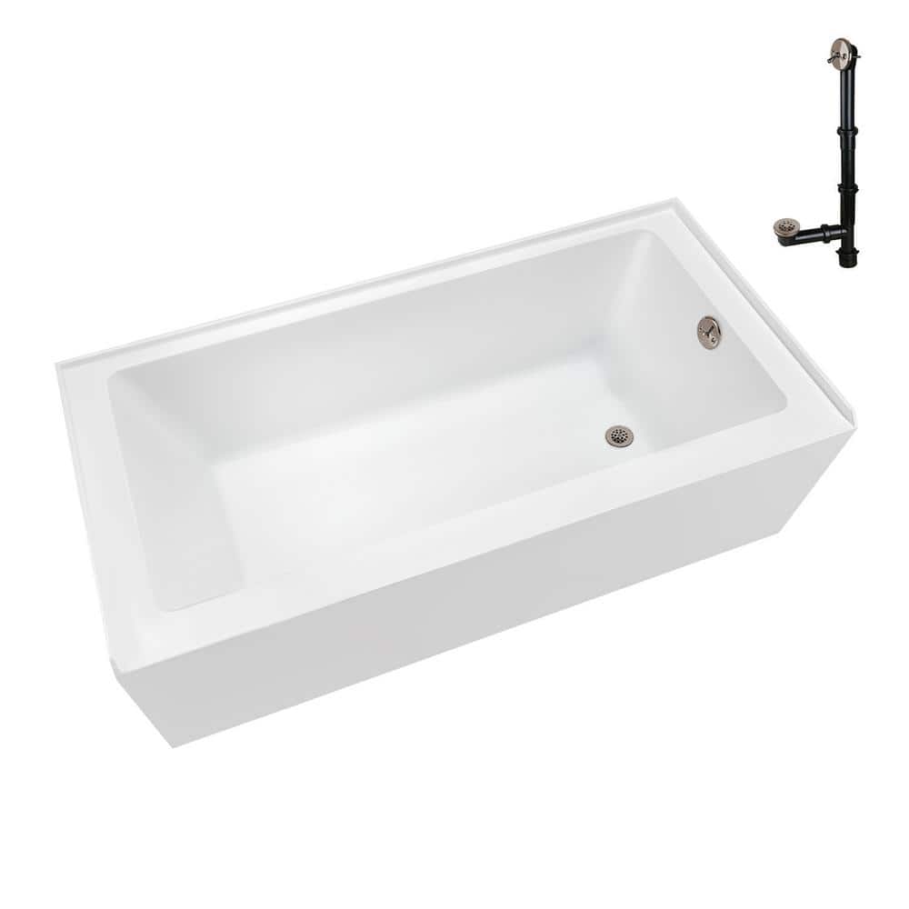 Glossy White Acrylic Right-Hand Drain Alcove Bathtub with Brushed Nickel External Drain