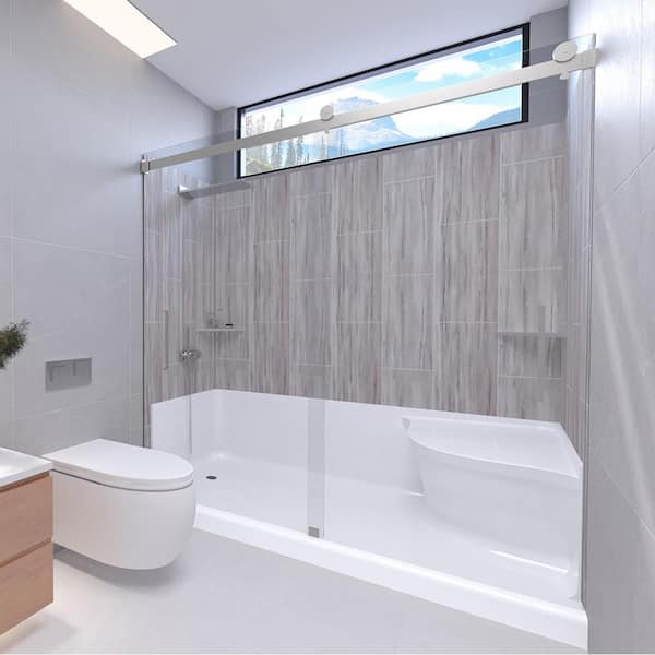 NuVo Driftwood-Tetherow 60 in. W. x 32 in. x 83 in. Base/Wall/Door Seated Base Alcove Shower Stall/Kit Chrome Left