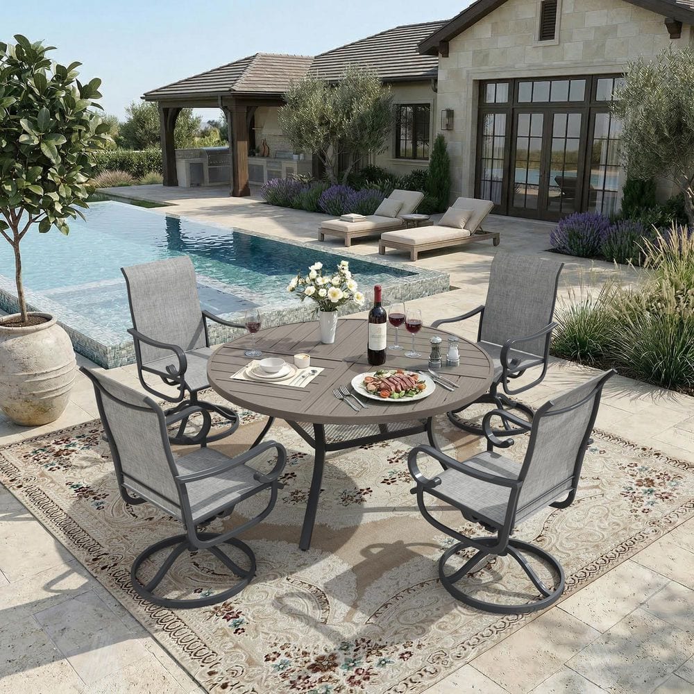 5-Piece Metal Outdoor Dining Set with 47.2 in. Gray Wood-Like Round Table and 4-Gray Textilene Swivel Rocking Chairs price history on PriceWatchPro
