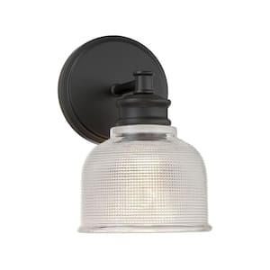 5 in. x 9.5 in. 1-Light Matte Black Traditional Wall Sconce with Textured Glass Shade