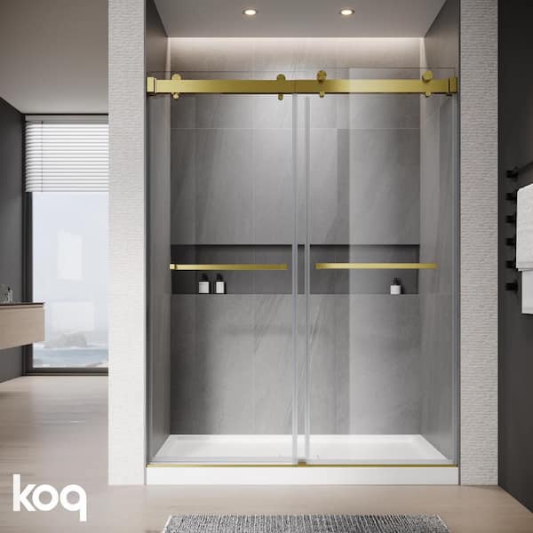 72 in. W x 76 in. H Soft Closing Double Sliding Frameless Shower Door in Brushed Gold with 3/8 in. Clear Tempered Glass