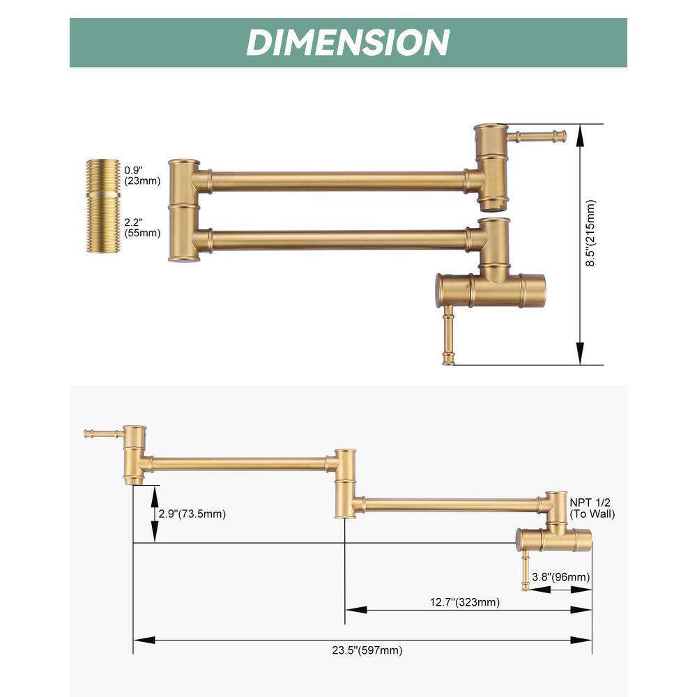 Brushed Gold Wall Mount Double Handle Pot Filler Faucet