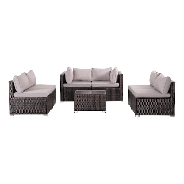 Unbranded Modern 7-Piece Brown Wicker Rattan Patio Conversation Set with Gray Cushions