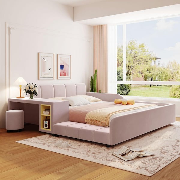 Pink Modern Luxury Wood Frame Queen Size Soft Velvet Upholstered Platform Bed with Bedside Desk and Round Stool