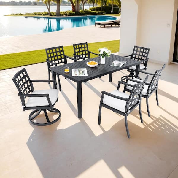 UNISOAR 7-Piece Aluminum Outdoor Dining Set with 4 Stationary and 2 Swivel Rockers with Cushions