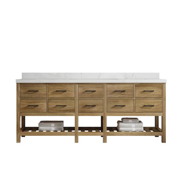 Willow Collections Parker Teak 84 in. W x 22 in. D x 36 in. H Double Sink Bath Vanity Premium Polish with Regular Empira White Quartz Top