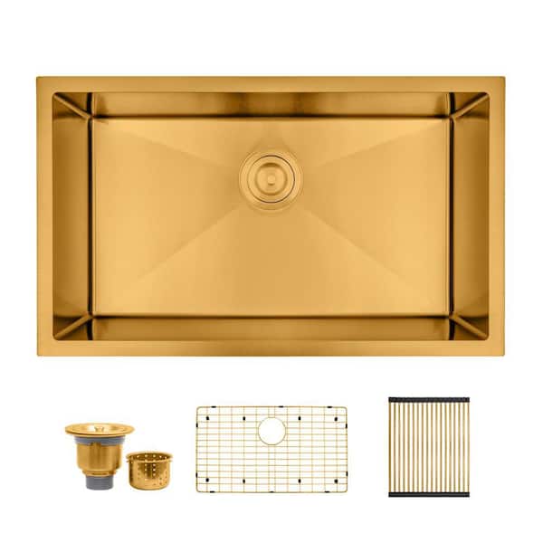 30 in. Undermount Single Bowl 16 Gauge Gold Stainless Steel Kitchen Sink with Accessories