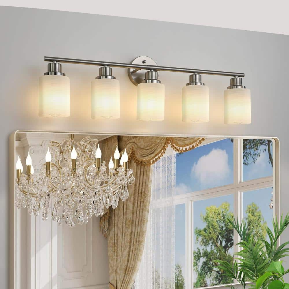 31.5 in. W 5-Light Modern Vanity Light Brushed Nickel Finish with Frosted Glass Shades, E26, No Bulbs Include price history on PriceWatchPro