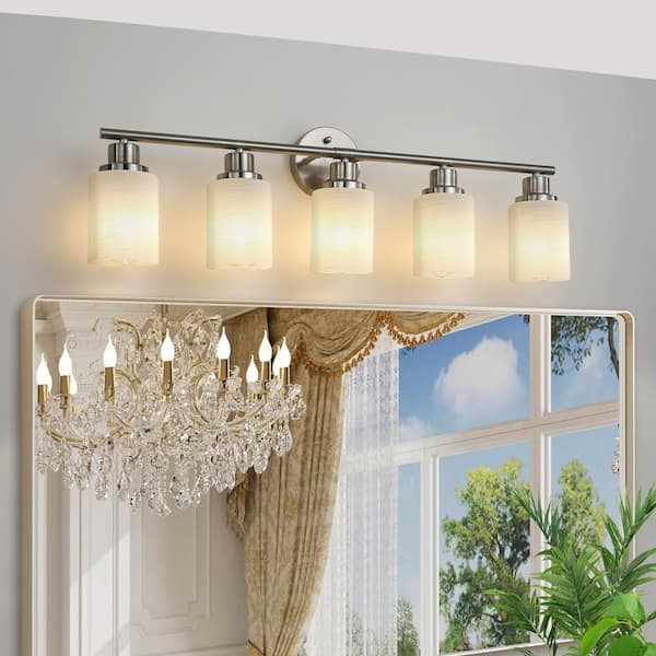 Sunpez 31.5 in. W 5-Light Modern Vanity Light Brushed Nickel Finish with Frosted Glass Shades, E26, No Bulbs Include