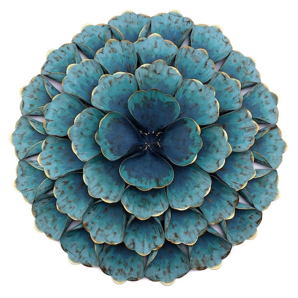 LuxenHome 23.5 in. Metal Teal Blue Round Flower Wall Decor