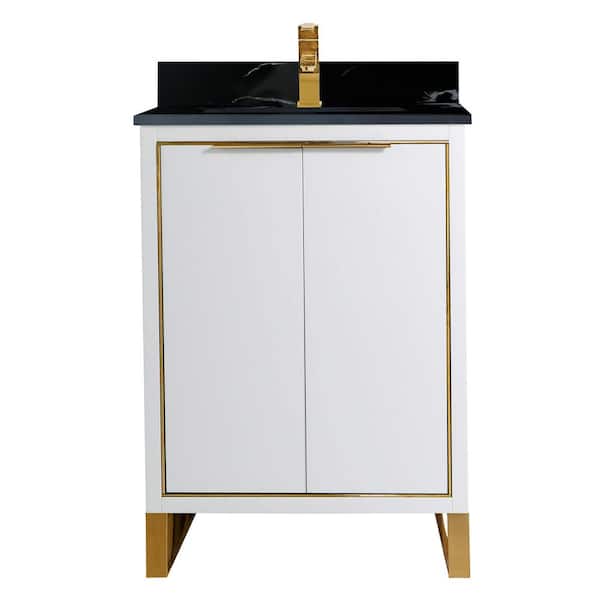 FINE FIXTURES Opulence 24 in. W x 18 in. D x 33.5 in H. Bath Vanity in White Matte with Black Stone Single Sink Top