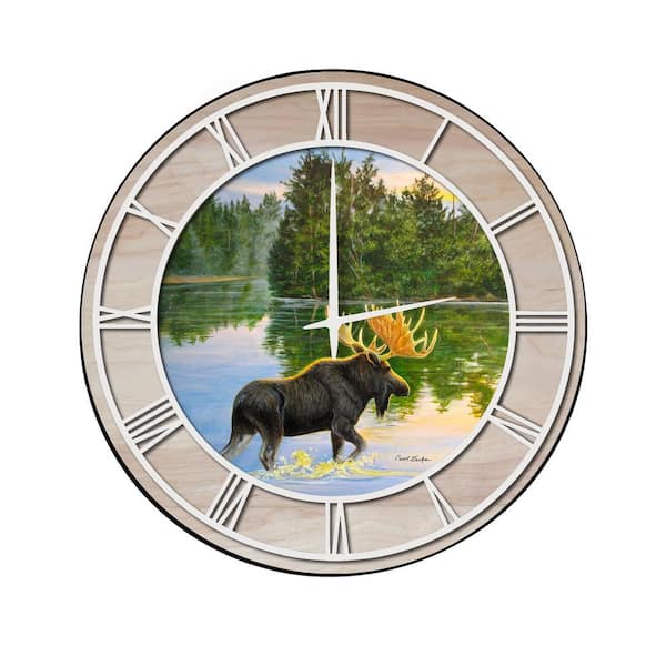 Unbranded "Lake Moose" Woodgrain Accent and White Numbers Imaged Wall Clock