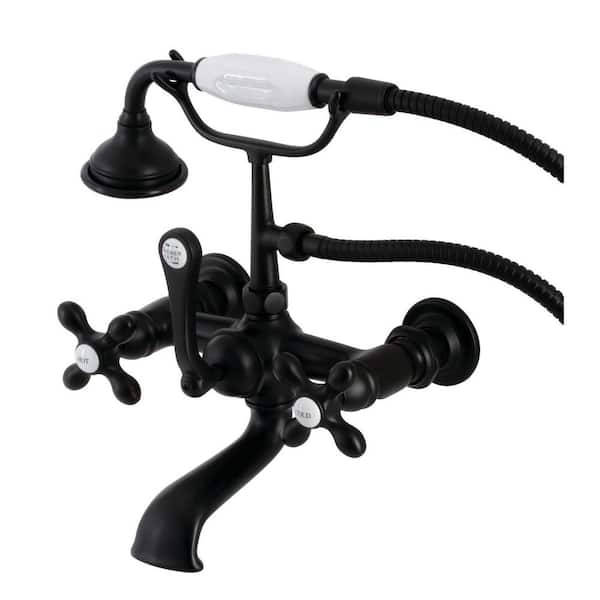 Kingston Brass Aqua Vintage 3-Handle Wall-Mount Clawfoot Tub Faucets with Hand Shower in Matte Black