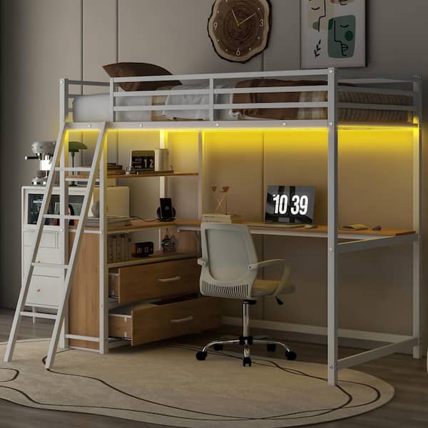 Harper & Bright Designs White Twin Metal and Wood Loft Bed with Built-in Desk, Shelves, Drawers, LED Light and USB Charging Station