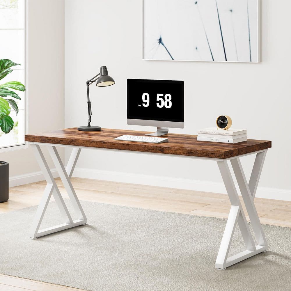 Moronia 55 in. Rectangular Brown Wood Computer Desk Writing Table with White Metal Legs for Home Office