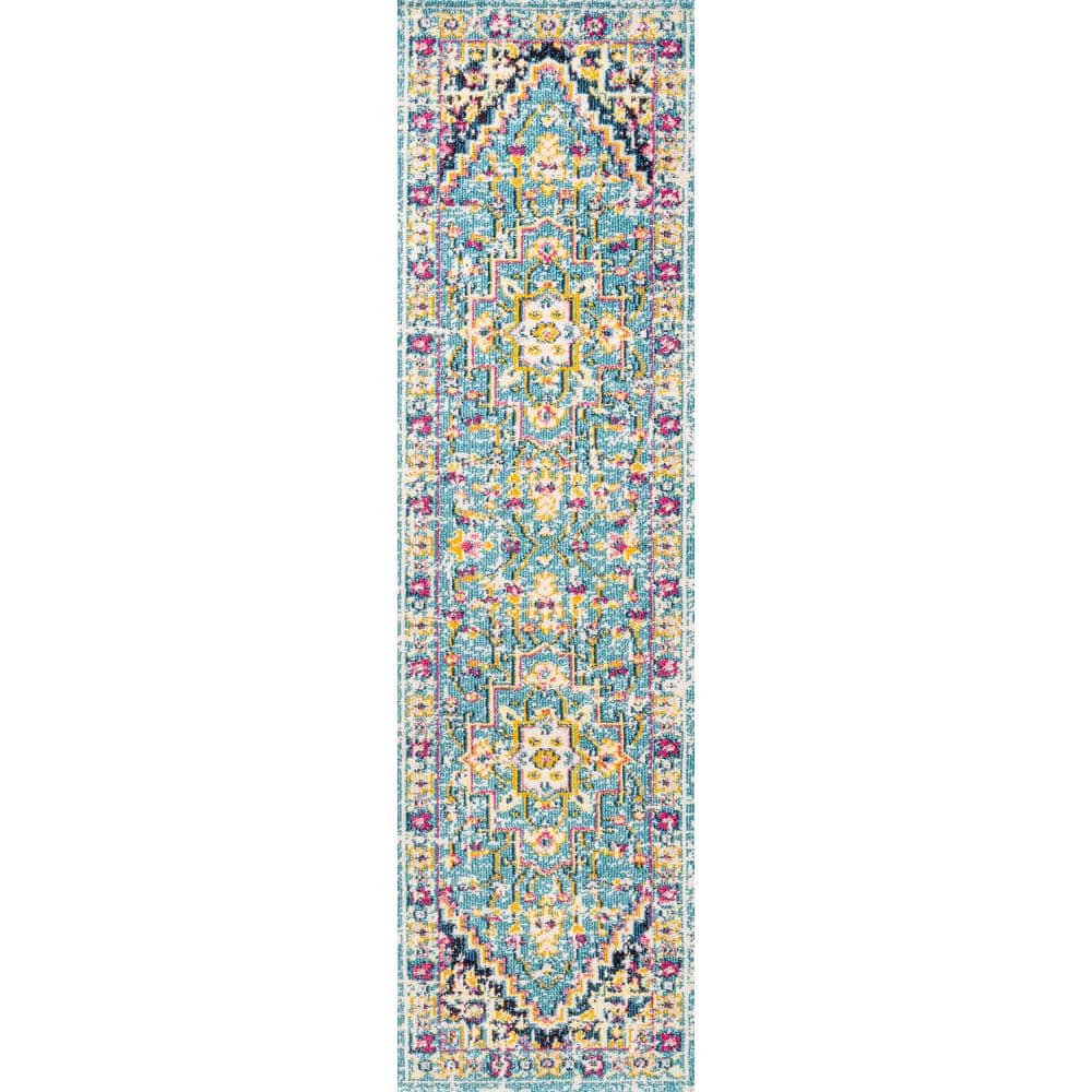 Blue and Multicolor Synthetic Medallion Runner Rug, 2' x 8'