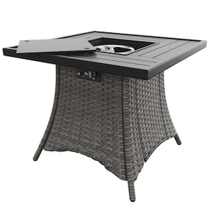 31.7 in. Gray Wicker Fire Pit Table Outdoor Patio Propane Gas Firepit with Metal Table Cover
