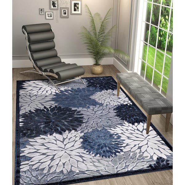 CAMILSON Blossom Indoor Outdoor Rug Floral Exotic Tropical Non-Shedding Rug Navy Blue 7'10 x 10