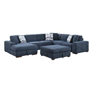 Laconia 143 in. Straight Arm 5-Piece Chenille Sectional Sofa in Blue with Left Chaise and Storage Ottoman