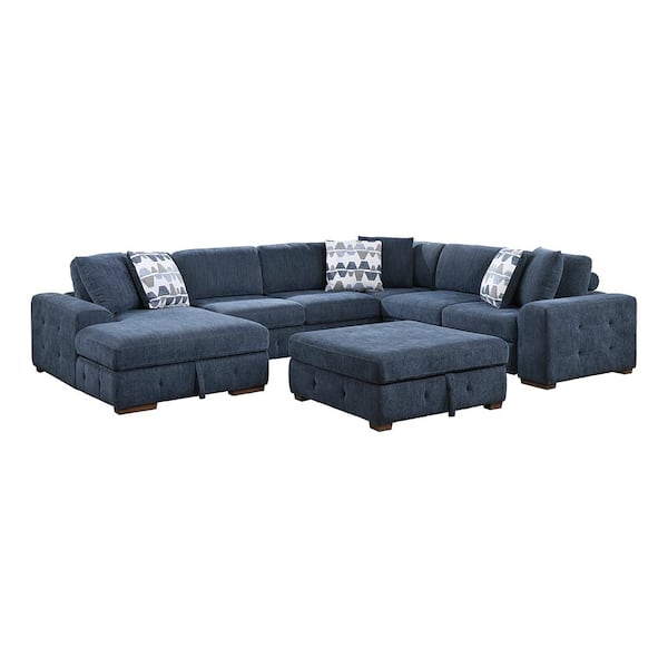 Lazzara Laconia 143 in. Straight Arm 5-Piece Chenille Sectional Sofa in Blue with Left Chaise and Storage Ottoman