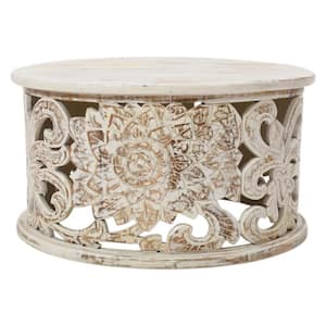 32.5 in. Distressed White Round Mango Wood Handcrafted Coffee Table with Floral Carved Cut Out Design