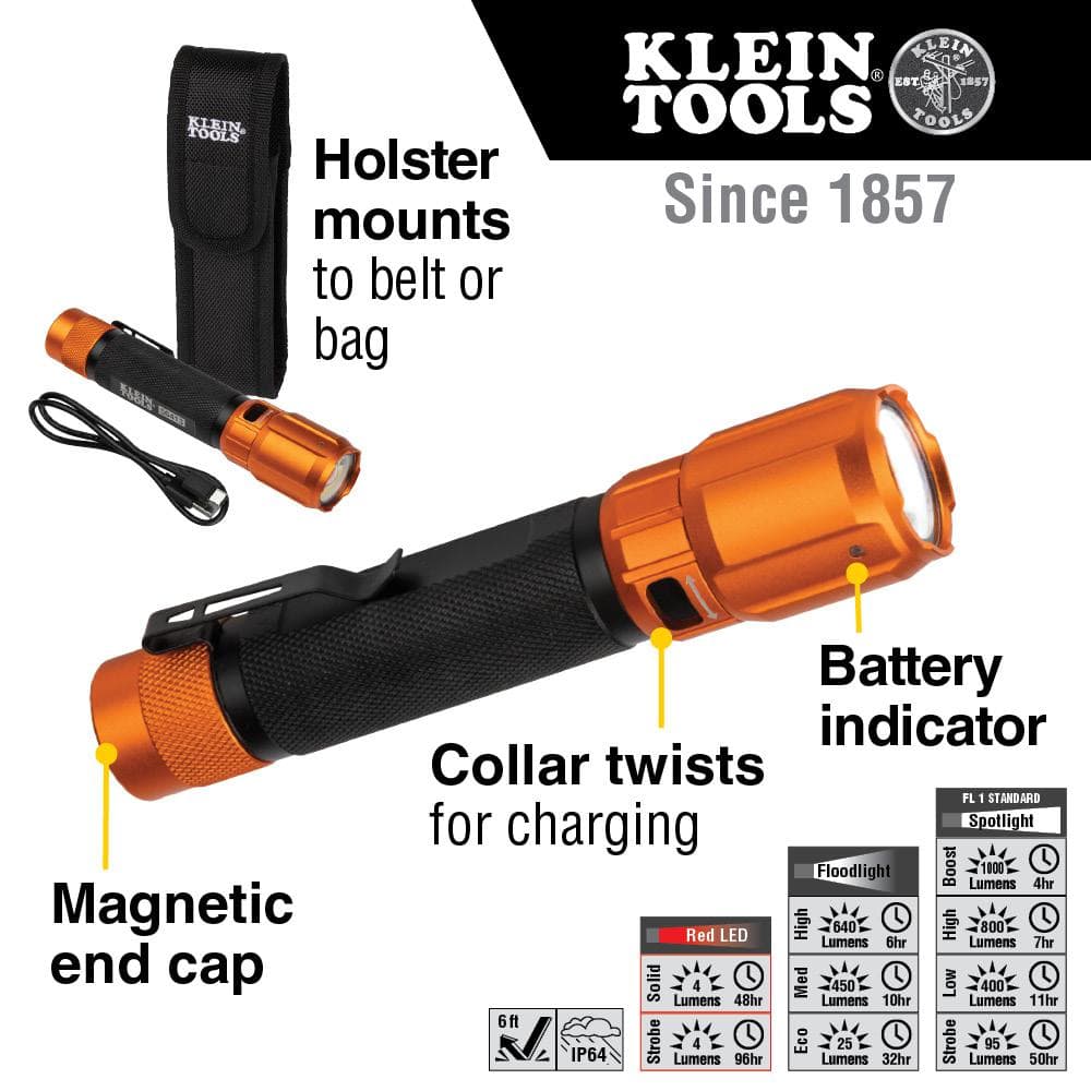 Rechargeable Black and Orange LED Flashlight with Holster
