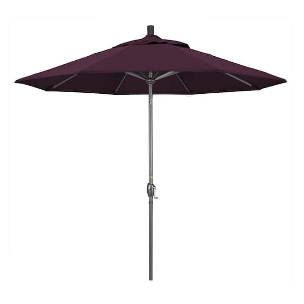California Umbrella 9 ft. Hammertone Grey Aluminum Market Patio Umbrella with Push Button Tilt Crank Lift in Purple Pacifica