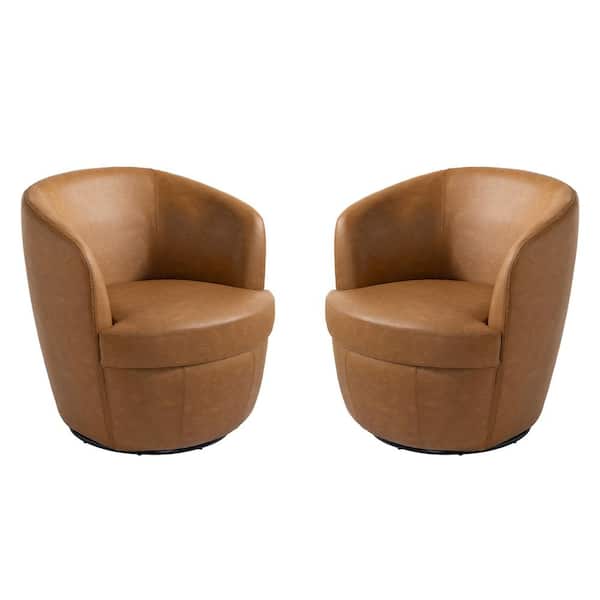 Minimalistic Light Brown PU Leather Swivel Barrel Arm Chair with Metal Base (Set of 2)