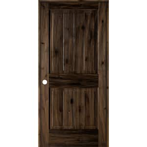 36 in. x 80 in. Knotty Alder 2 Panel Right-Hand Square Top V-Groove Black Stain Solid Wood Single Prehung Interior Door