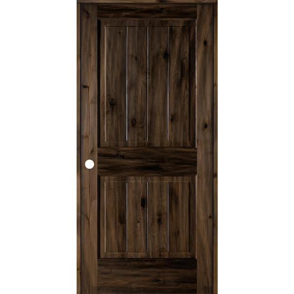 Krosswood Doors 36 in. x 80 in. Knotty Alder 2 Panel Right-Hand Square Top V-Groove Black Stain Solid Wood Single Prehung Interior Door