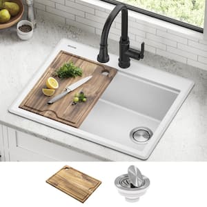 Bellucci White Granite Composite 28 in. Single Bowl Drop-In Workstation Kitchen Sink with Accessories