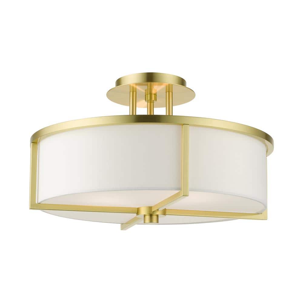 Satin Brass and Glass 3-Light Drum Semi-Flush Mount