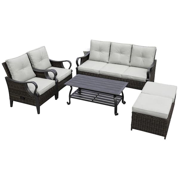 Zeus & Ruta 6-Piece Brown Wicker Outdoor Patio Conversation Set with Gray Cushion and Ottomans for Garden, Backyard and Poolside