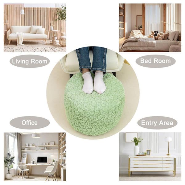 Desert Sage Green Plush Fiber Upholstered Round Ottoman Pouf 18 x
