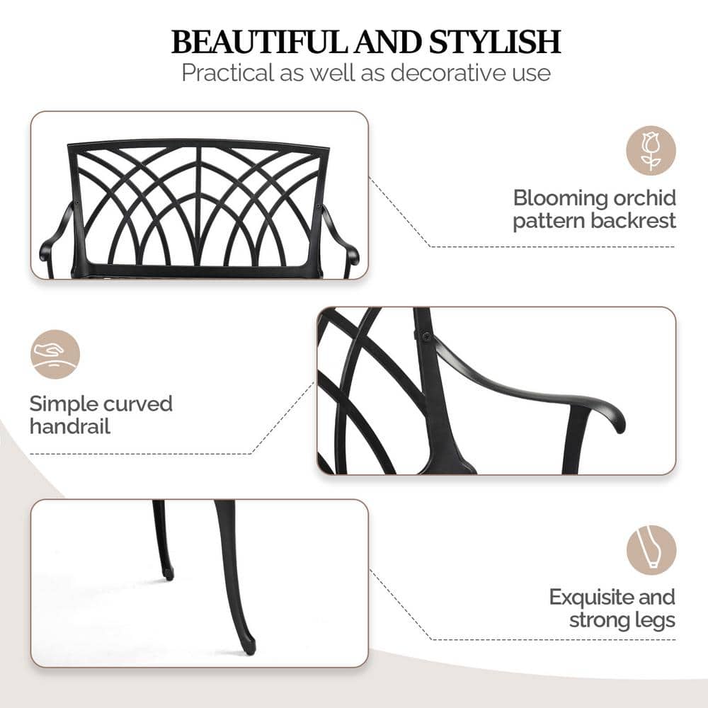 Black Cast Aluminum Outdoor Garden Bench with High Backrest