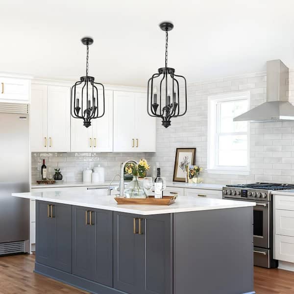 Jasslynn 40 Watt 3- Light Farmhouse Pendant light with Black Lantern Metal Shade for Kitchen Dinning Room Foyer