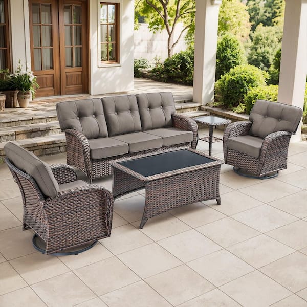 Modern Seaside 5-Piece Patio Wicker Outdoor Conversation Set Rocking Chair Swivel Glide with Table and Gray Cushions